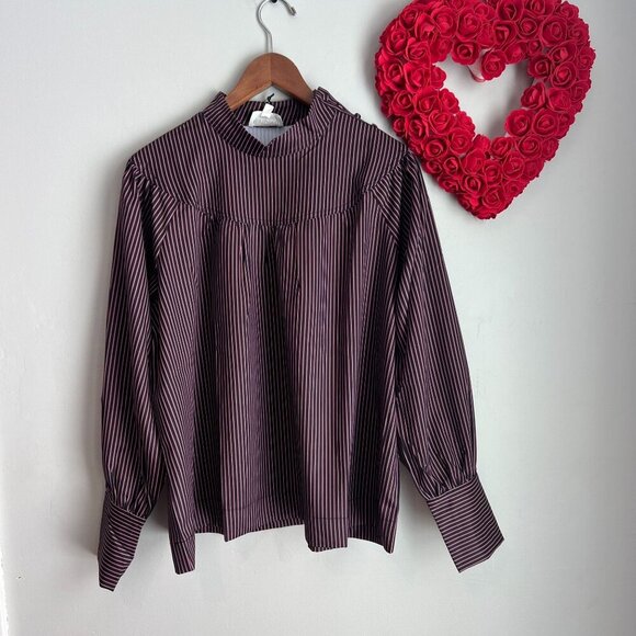 Evidnt Womens Balloon Sleeve Silky Oversized High Neck Blouse Large Navy Red Str - Picture 1 of 9